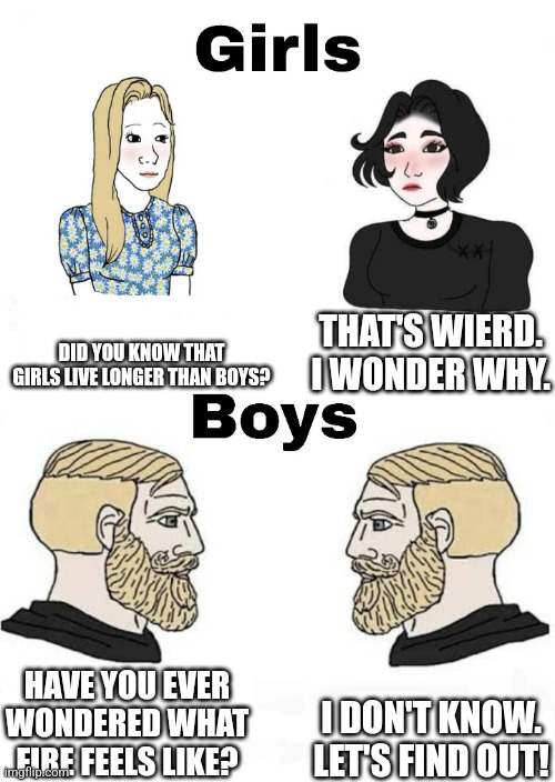 I've always wondered this too | DID YOU KNOW THAT GIRLS LIVE LONGER THAN BOYS? THAT'S WIERD. I WONDER WHY. I DON'T KNOW. LET'S FIND OUT! HAVE YOU EVER WONDERED WHAT FIRE FEELS LIKE? | image tagged in girls vs boys,fire | made w/ Imgflip meme maker
