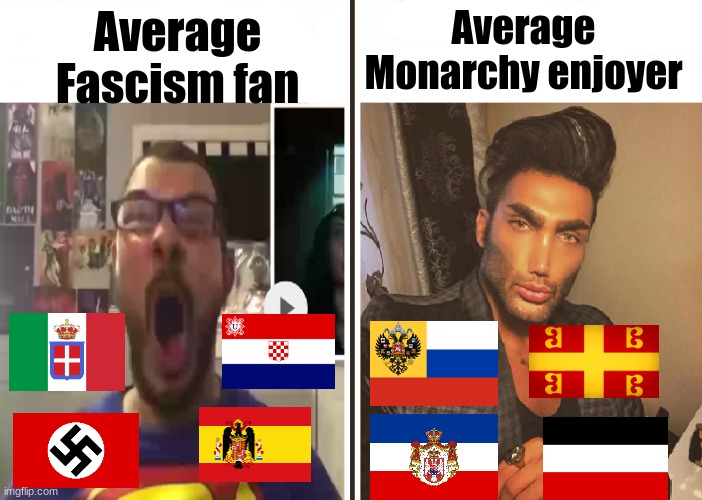 Fascism always collapses | Average Monarchy enjoyer; Average Fascism fan | image tagged in average fan vs average enjoyer,fascism,monarchy | made w/ Imgflip meme maker
