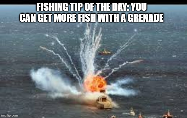 memes by Brad catch more fish by using a hand grenade | FISHING TIP OF THE DAY: YOU CAN GET MORE FISH WITH A GRENADE | image tagged in sports,funny,fishing,alligators,funny meme,humor | made w/ Imgflip meme maker