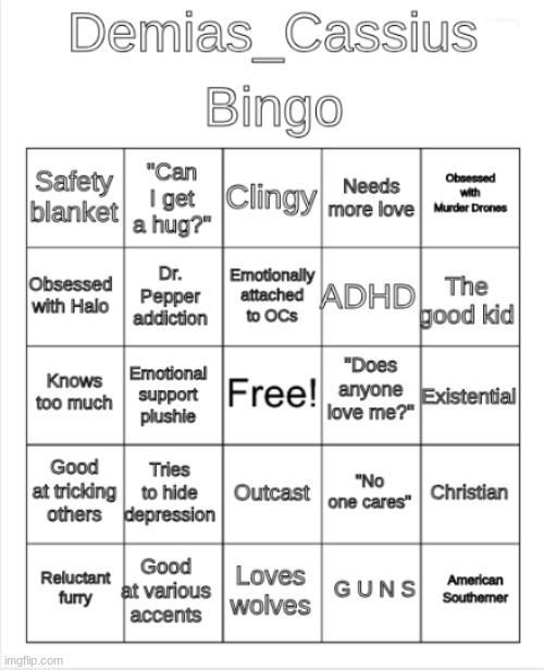 My turn to make one of these | image tagged in demias_cassius bingo | made w/ Imgflip meme maker