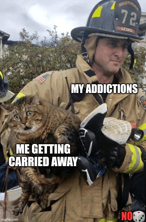 MY ADDICTIONS; ME GETTING CARRIED AWAY; NO🎲 | image tagged in funny | made w/ Imgflip meme maker