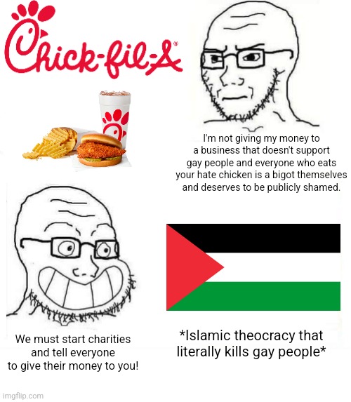 The same people who boycott businesses for not supporting gays, literally set up charities for a country that kills gays | I'm not giving my money to a business that doesn't support gay people and everyone who eats your hate chicken is a bigot themselves and deserves to be publicly shamed. *Islamic theocracy that literally kills gay people*; We must start charities and tell everyone to give their money to you! | image tagged in so true wojak,chick-fil-a,palestine,liberal hypocrisy,liberal logic | made w/ Imgflip meme maker