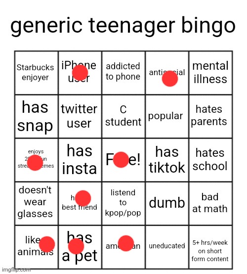 generic teenager bingo | image tagged in generic teenager bingo | made w/ Imgflip meme maker