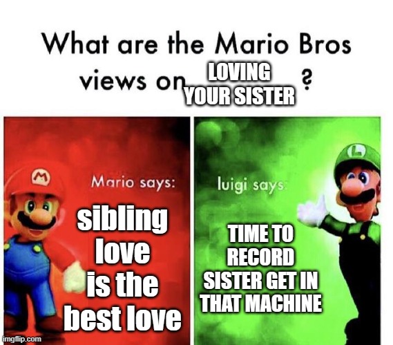 random | LOVING YOUR SISTER; sibling love is the best love; TIME TO RECORD SISTER GET IN THAT MACHINE | image tagged in mario bros views | made w/ Imgflip meme maker