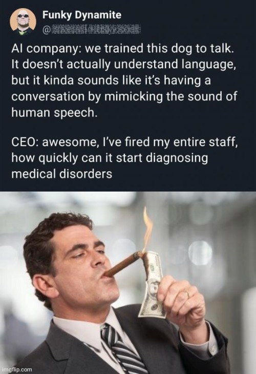 CEO making bad choice with AI | image tagged in rich guy burning money,ceo,ai meme | made w/ Imgflip meme maker