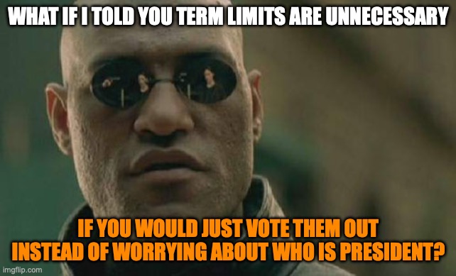 Term Limits | WHAT IF I TOLD YOU TERM LIMITS ARE UNNECESSARY; IF YOU WOULD JUST VOTE THEM OUT INSTEAD OF WORRYING ABOUT WHO IS PRESIDENT? | image tagged in memes,matrix morpheus | made w/ Imgflip meme maker