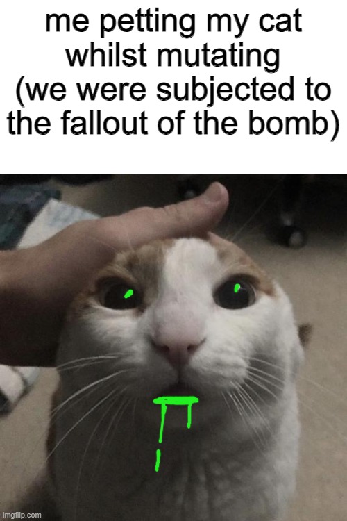 petting my cat 2 | me petting my cat whilst mutating
(we were subjected to the fallout of the bomb) | image tagged in me petting my cat | made w/ Imgflip meme maker