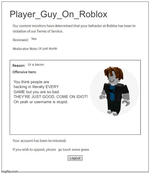 Go touch grass | Player_Guy_On_Roblox; Yes; Ur just dumb; Ur a bacon; You think people are hacking in literally EVERY GAME but you are so bad. THEY’RE JUST GOOD, COME ON IDIOT!
Oh yeah ur username is stupid. go touch some grass | image tagged in moderation system | made w/ Imgflip meme maker