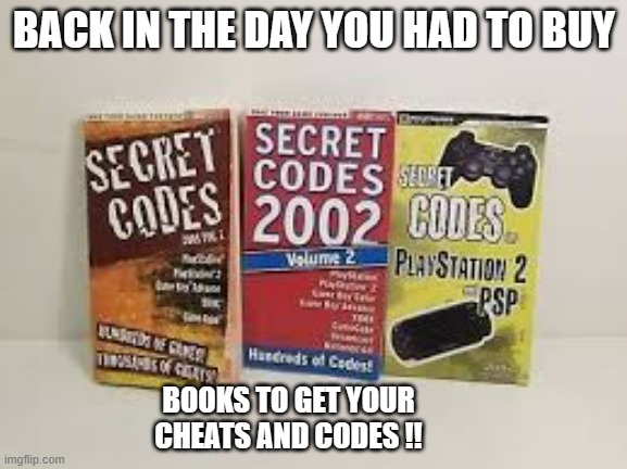 memes by Brad you used to have to buy codes in books | BACK IN THE DAY YOU HAD TO BUY; BOOKS TO GET YOUR CHEATS AND CODES !! | image tagged in gaming,funny,pc gaming,computer games,video games,humor | made w/ Imgflip meme maker