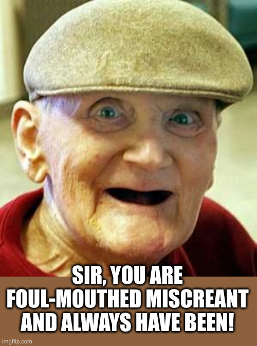 Angry old man | SIR, YOU ARE FOUL-MOUTHED MISCREANT AND ALWAYS HAVE BEEN! | image tagged in angry old man | made w/ Imgflip meme maker