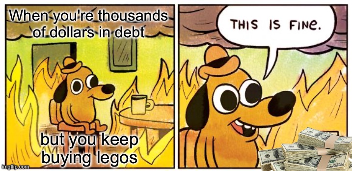 Because I can | When you're thousands of dollars in debt; but you keep buying legos | image tagged in memes,this is fine | made w/ Imgflip meme maker
