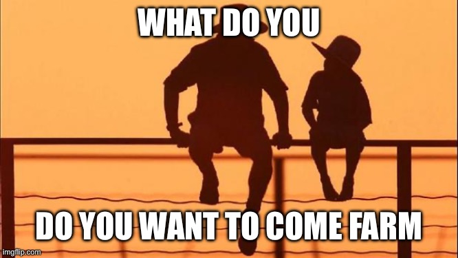 Cowboy father and son | WHAT DO YOU; DO YOU WANT TO COME FARM | image tagged in cowboy father and son | made w/ Imgflip meme maker