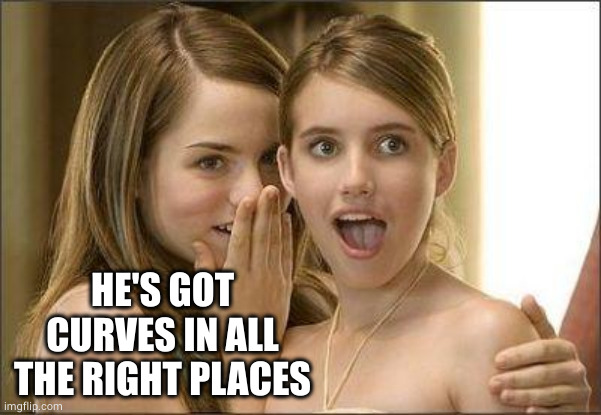 Girls gossiping | HE'S GOT CURVES IN ALL THE RIGHT PLACES | image tagged in girls gossiping | made w/ Imgflip meme maker