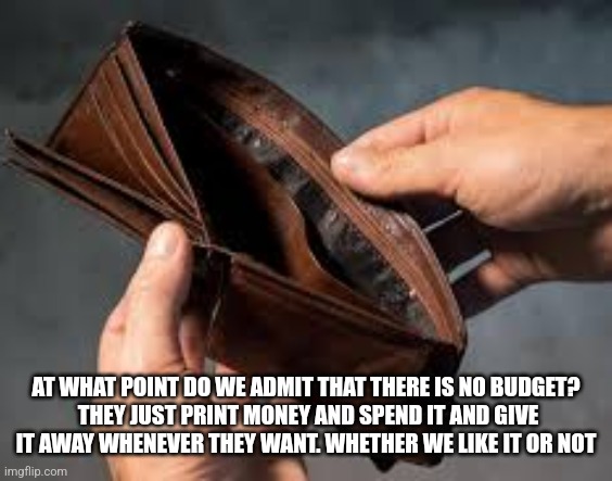 AT WHAT POINT DO WE ADMIT THAT THERE IS NO BUDGET?
 THEY JUST PRINT MONEY AND SPEND IT AND GIVE IT AWAY WHENEVER THEY WANT. WHETHER WE LIKE IT OR NOT | image tagged in funny memes | made w/ Imgflip meme maker