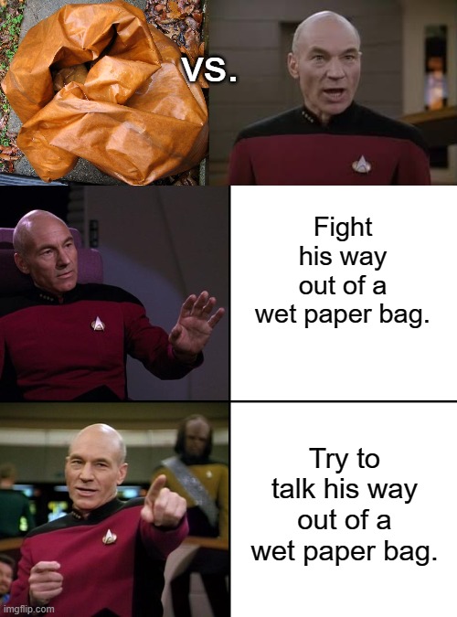 Wet Paper Bag vs. Picard | vs. Fight his way out of a wet paper bag. Try to talk his way out of a wet paper bag. | image tagged in picard red alert,picard no yes drake style | made w/ Imgflip meme maker