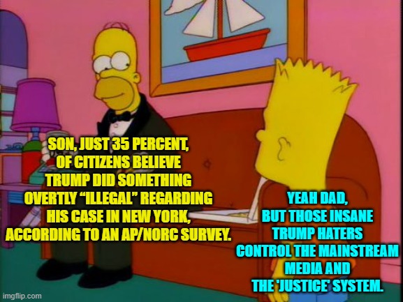 When the insane or the innately corrupt control communication and the legal system. | SON, JUST 35 PERCENT, OF CITIZENS BELIEVE TRUMP DID SOMETHING OVERTLY “ILLEGAL” REGARDING HIS CASE IN NEW YORK, ACCORDING TO AN AP/NORC SURVEY. YEAH DAD, BUT THOSE INSANE TRUMP HATERS CONTROL THE MAINSTREAM MEDIA AND THE 'JUSTICE' SYSTEM. | image tagged in yep | made w/ Imgflip meme maker