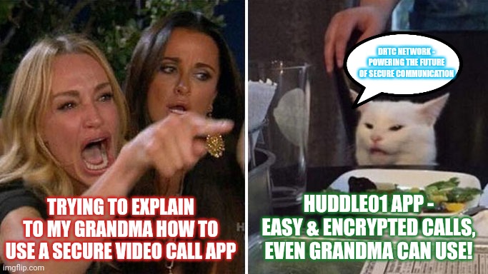 Angry lady cat | DRTC NETWORK - POWERING THE FUTURE OF SECURE COMMUNICATION; TRYING TO EXPLAIN TO MY GRANDMA HOW TO USE A SECURE VIDEO CALL APP; HUDDLE01 APP - EASY & ENCRYPTED CALLS, EVEN GRANDMA CAN USE! | image tagged in angry lady cat | made w/ Imgflip meme maker