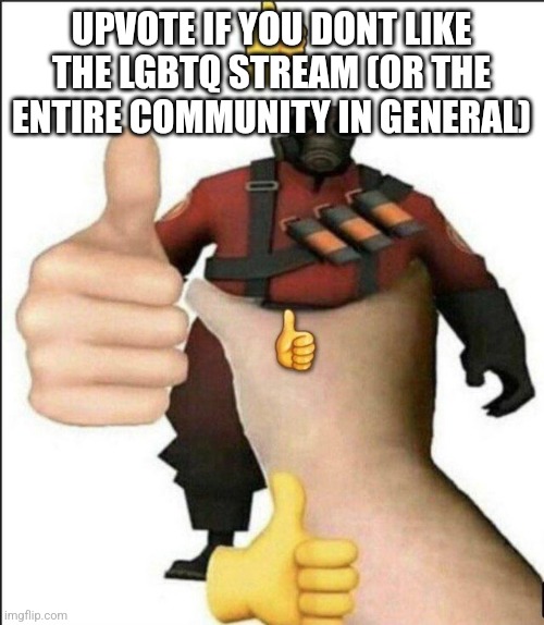 to clarify i dont hate people for being gay i just hate people who brag about how gay they are as if its something special | UPVOTE IF YOU DONT LIKE THE LGBTQ STREAM (OR THE ENTIRE COMMUNITY IN GENERAL) | image tagged in pyro thumbs up | made w/ Imgflip meme maker