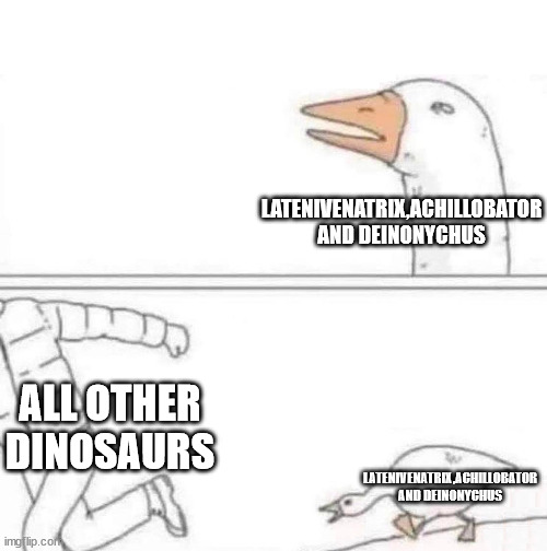 Raptors After The Pounce And Grab Update In Path of Titans Be Like: | LATENIVENATRIX,ACHILLOBATOR AND DEINONYCHUS; ALL OTHER DINOSAURS; LATENIVENATRIX,ACHILLOBATOR AND DEINONYCHUS | image tagged in goose chase | made w/ Imgflip meme maker
