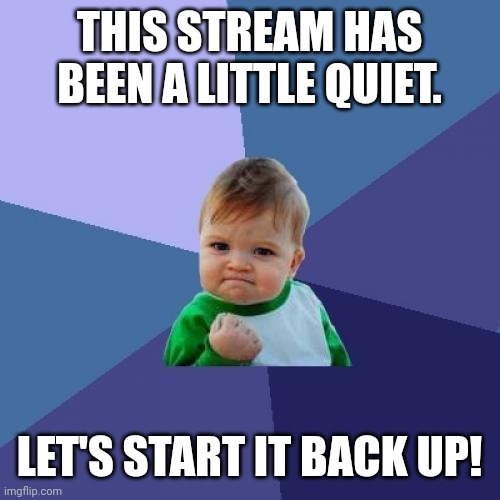 Search. | THIS STREAM HAS BEEN A LITTLE QUIET. LET'S START IT BACK UP! | image tagged in memes,success kid | made w/ Imgflip meme maker