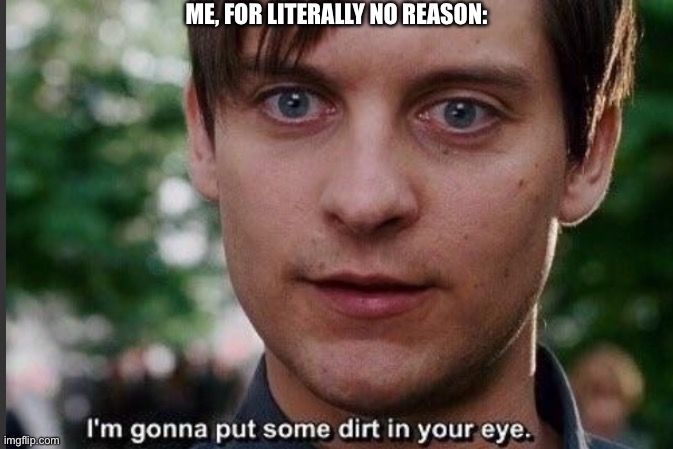 I'm gonna put some dirt in your eye | ME, FOR LITERALLY NO REASON: | image tagged in i'm gonna put some dirt in your eye | made w/ Imgflip meme maker