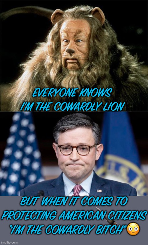 EVERYONE KNOWS I’M THE COWARDLY LION; BUT WHEN IT COMES TO PROTECTING AMERICAN CITIZENS “I’M THE COWARDLY BITCH”😳 | image tagged in cowardly lion,mike johnson | made w/ Imgflip meme maker