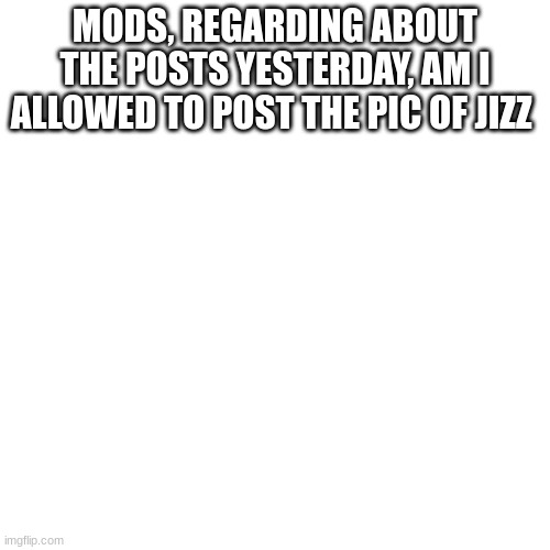 I'll put it in the comments so people will only see if they want to | MODS, REGARDING ABOUT THE POSTS YESTERDAY, AM I ALLOWED TO POST THE PIC OF JIZZ | image tagged in blank transparent square | made w/ Imgflip meme maker
