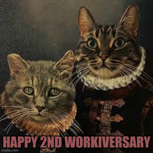 Shakespeare Cat Workiversary | HAPPY 2ND WORKIVERSARY | image tagged in work,cats,cat,anniversary | made w/ Imgflip meme maker