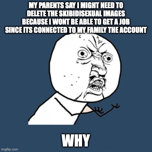 Y U No Meme | MY PARENTS SAY I MIGHT NEED TO DELETE THE SKIBIDISEXUAL IMAGES BECAUSE I WONT BE ABLE TO GET A JOB SINCE ITS CONNECTED TO MY FAMILY THE ACCOUNT; WHY | image tagged in memes,y u no | made w/ Imgflip meme maker