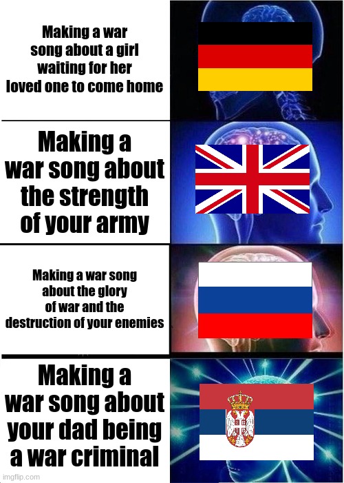 War songs of different countries | Making a war song about a girl waiting for her loved one to come home; Making a war song about the strength of your army; Making a war song about the glory of war and the destruction of your enemies; Making a war song about your dad being a war criminal | image tagged in expanding brain,germany,russia,uk,serbia,war songs | made w/ Imgflip meme maker