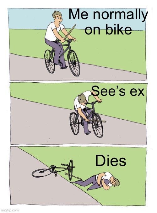 Bike Fall | Me normally on bike; See’s ex; Dies | image tagged in memes,bike fall | made w/ Imgflip meme maker