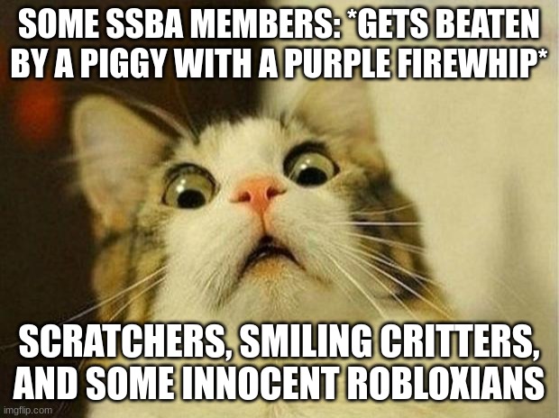 I could not walk no more and I wasn't the only one | SOME SSBA MEMBERS: *GETS BEATEN BY A PIGGY WITH A PURPLE FIREWHIP*; SCRATCHERS, SMILING CRITTERS, AND SOME INNOCENT ROBLOXIANS | image tagged in memes,scared cat,ssba uc | made w/ Imgflip meme maker