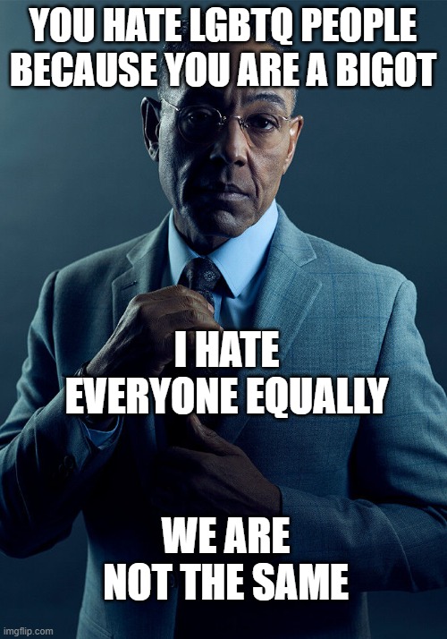 Gus Fring we are not the same | YOU HATE LGBTQ PEOPLE BECAUSE YOU ARE A BIGOT; I HATE EVERYONE EQUALLY; WE ARE NOT THE SAME | image tagged in gus fring we are not the same | made w/ Imgflip meme maker
