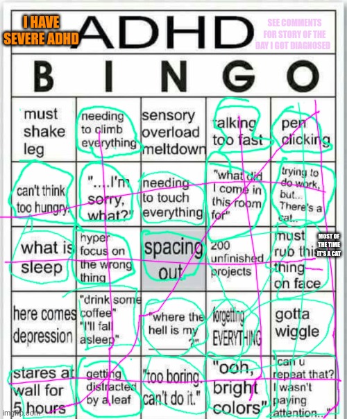 adhd bingo | I HAVE SEVERE ADHD; SEE COMMENTS FOR STORY OF THE DAY I GOT DIAGNOSED; MOST OF THE TIME IT'S A CAT | image tagged in adhd bingo | made w/ Imgflip meme maker