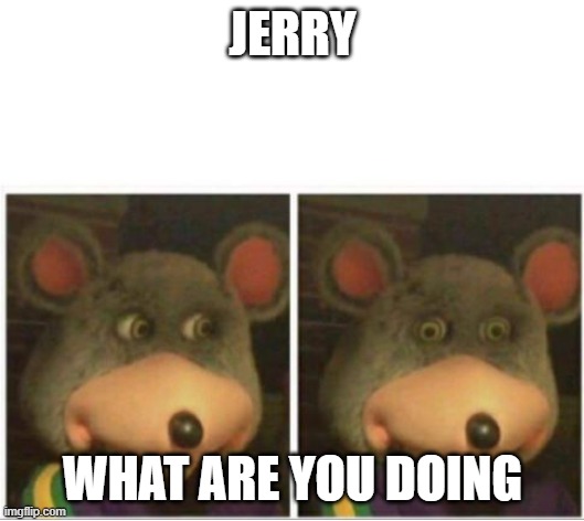 JERRY WHAT ARE YOU DOING | image tagged in chuck e cheese rat stare | made w/ Imgflip meme maker
