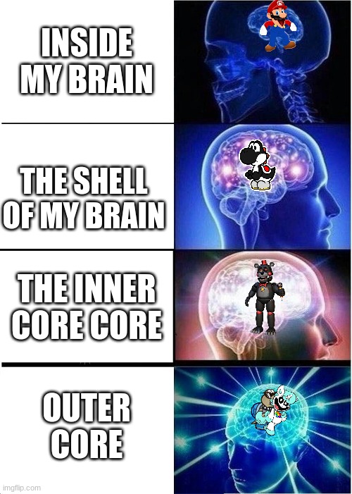 Expanding Brain Meme | INSIDE MY BRAIN; THE SHELL OF MY BRAIN; THE INNER CORE CORE; OUTER CORE | image tagged in memes,expanding brain | made w/ Imgflip meme maker