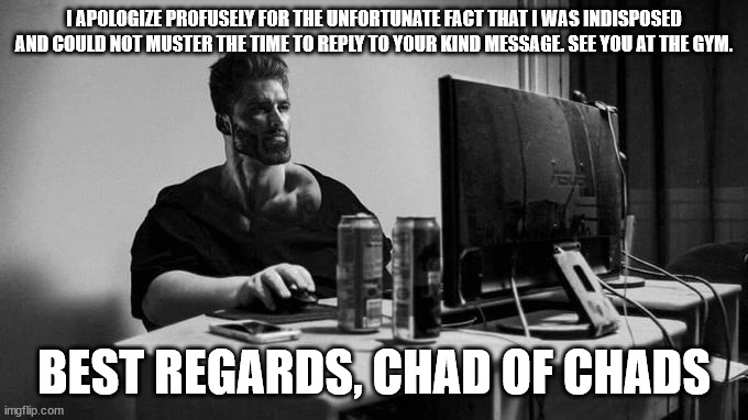 Gigachad On The Computer | I APOLOGIZE PROFUSELY FOR THE UNFORTUNATE FACT THAT I WAS INDISPOSED AND COULD NOT MUSTER THE TIME TO REPLY TO YOUR KIND MESSAGE. SEE YOU AT | image tagged in gigachad on the computer | made w/ Imgflip meme maker