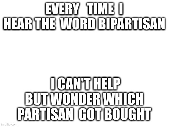 Blank White Template | EVERY   TIME  I HEAR THE  WORD BIPARTISAN; I CAN'T HELP BUT WONDER WHICH PARTISAN  GOT BOUGHT | image tagged in blank white template | made w/ Imgflip meme maker