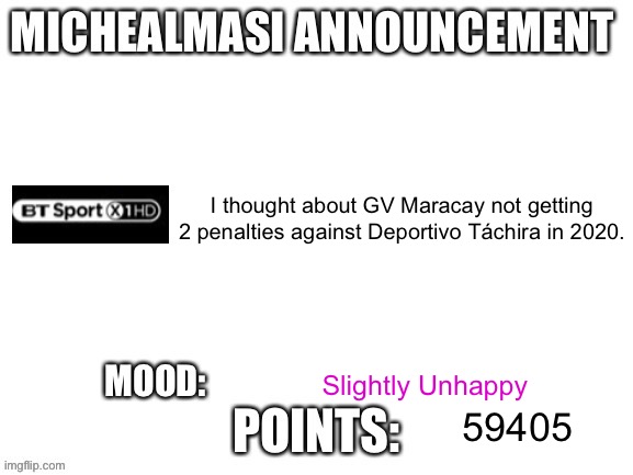 Updated Template Announcement | I thought about GV Maracay not getting 2 penalties against Deportivo Táchira in 2020. Slightly Unhappy; 59405 | image tagged in updated template announcement | made w/ Imgflip meme maker