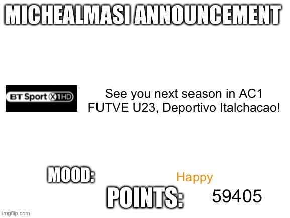 Updated Template Announcement | See you next season in AC1 FUTVE U23, Deportivo Italchacao! Happy; 59405 | image tagged in updated template announcement | made w/ Imgflip meme maker