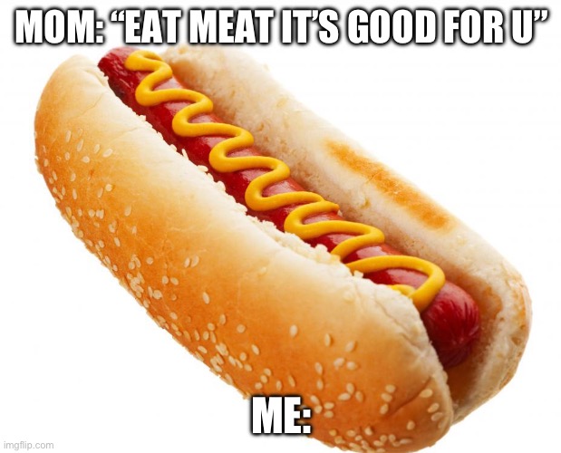 Fr | MOM: “EAT MEAT IT’S GOOD FOR U”; ME: | image tagged in hotdog | made w/ Imgflip meme maker