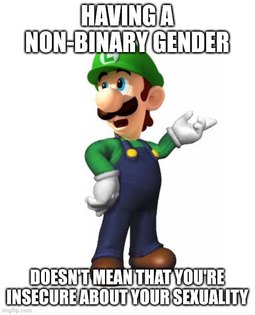 Logic life of a non-binary | HAVING A NON-BINARY GENDER; DOESN'T MEAN THAT YOU'RE INSECURE ABOUT YOUR SEXUALITY | image tagged in logic luigi,memes,gender,non binary | made w/ Imgflip meme maker