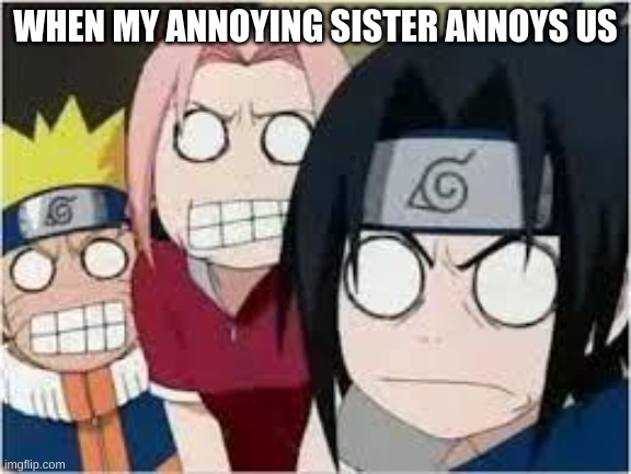 my annoying sister | WHEN MY ANNOYING SISTER ANNOYS US | image tagged in naruto sasuke and sakura funny | made w/ Imgflip meme maker