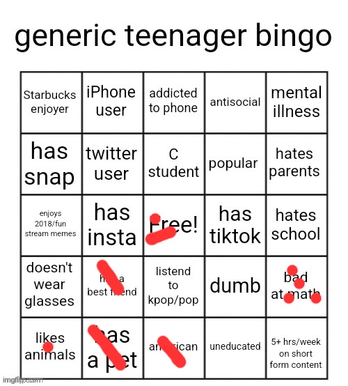 generic teenager bingo | image tagged in generic teenager bingo | made w/ Imgflip meme maker