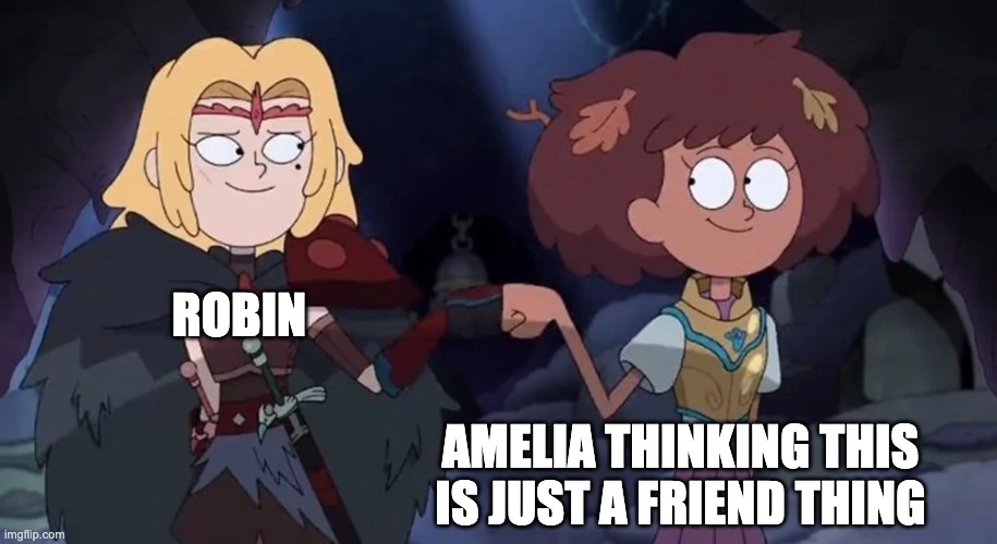 Again, my OCs (They're perfect for each other lol) | ROBIN; AMELIA THINKING THIS IS JUST A FRIEND THING | image tagged in anne and sasha fist bump | made w/ Imgflip meme maker