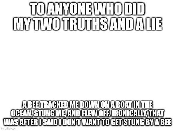 TO ANYONE WHO DID MY TWO TRUTHS AND A LIE; A BEE TRACKED ME DOWN ON A BOAT IN THE OCEAN, STUNG ME, AND FLEW OFF. IRONICALLY, THAT WAS AFTER I SAID I DON'T WANT TO GET STUNG BY A BEE | made w/ Imgflip meme maker