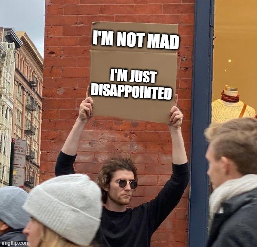 Man with sign | I'M NOT MAD; I'M JUST DISAPPOINTED | image tagged in man with sign,how i feel | made w/ Imgflip meme maker