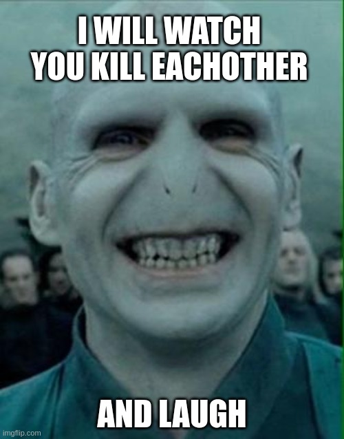 Voldemort Grin | I WILL WATCH YOU KILL EACHOTHER; AND LAUGH | image tagged in voldemort grin | made w/ Imgflip meme maker