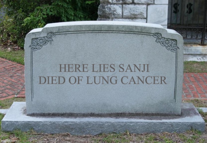 Gravestone | HERE LIES SANJI
DIED OF LUNG CANCER | image tagged in gravestone | made w/ Imgflip meme maker