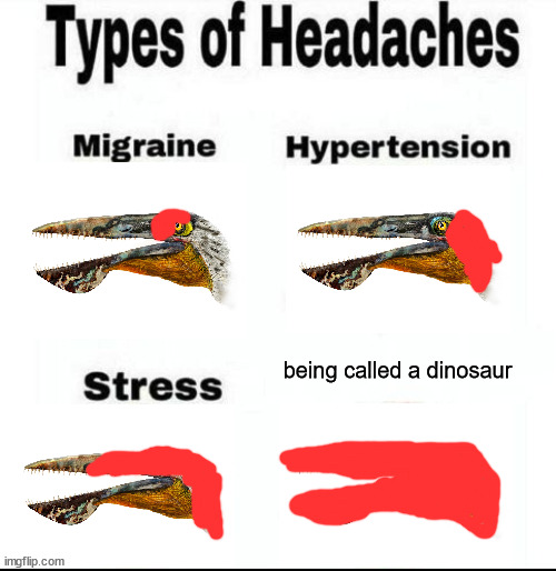 People Calling Pterosaurs "Dinosaurs" Be Like: | being called a dinosaur | image tagged in types of headaches meme | made w/ Imgflip meme maker